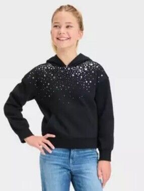 Girls' Star Fleece Pullover Sweatshirt - Cat & Jack Black M(8)